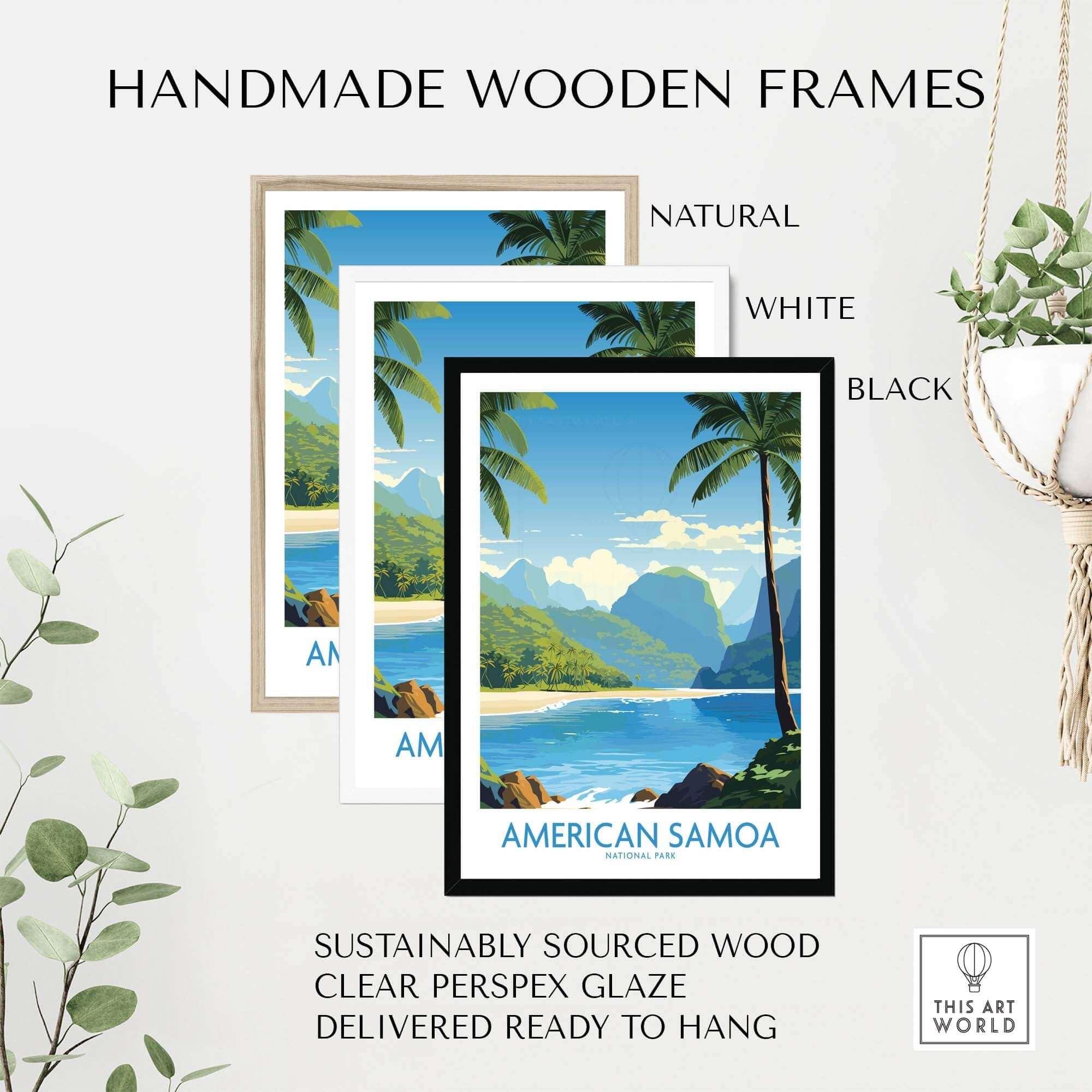 American Samoa National Park art print with palm trees, ocean, and mountain landscape in natural, white, and black handmade wooden frames.