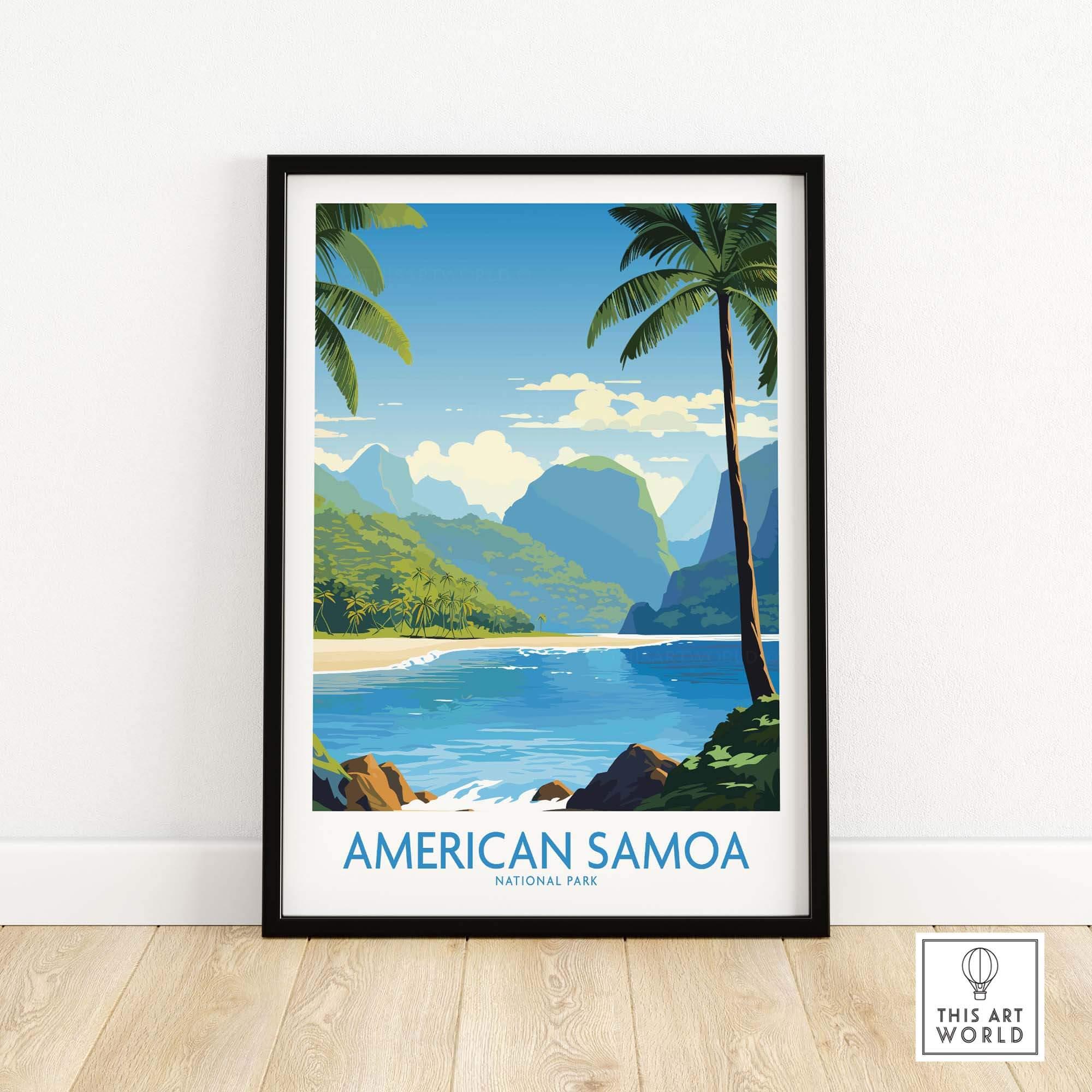 American Samoa National Park print featuring lush mountains, palm trees, and tropical beach art.