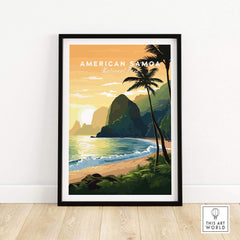 American Samoa National Park travel poster with beach, sunset, palm trees, and mountains.