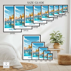Size guide for Amritsar Wall Art featuring multiple frame sizes and modern decor style inspired by India's beauty.