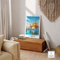 Amritsar wall art print showcasing the Golden Temple reflected in water, perfect for modern home decor.