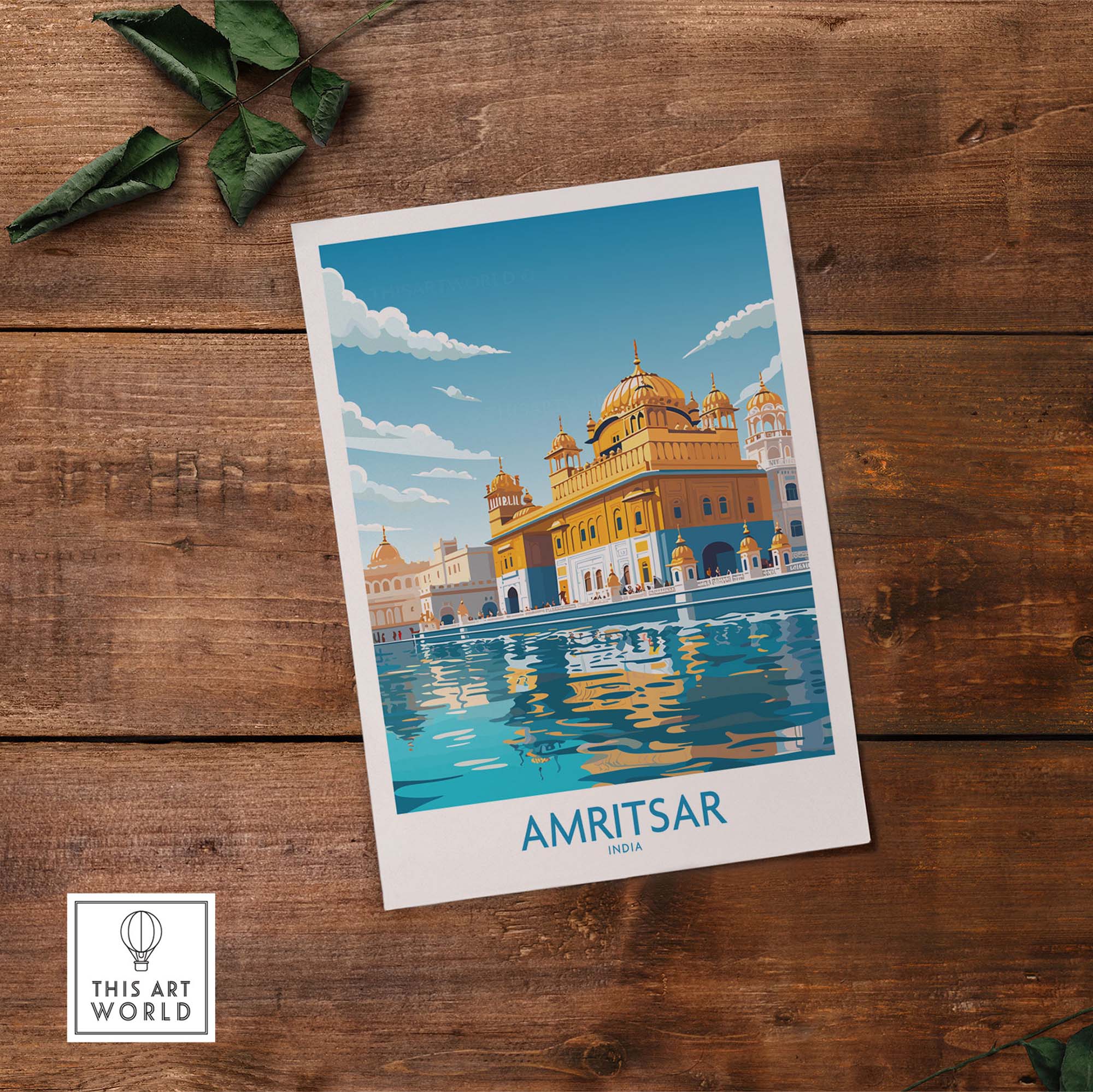 Amritsar wall art print showcasing the Golden Temple's beauty in modern style, perfect for gallery decor or gifts.