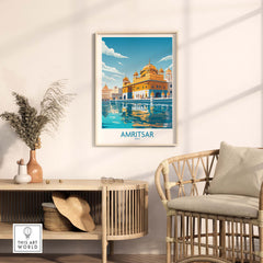Amritsar Wall Art print showcasing the Golden Temple, modern style decor for gallery walls and unique gifts.