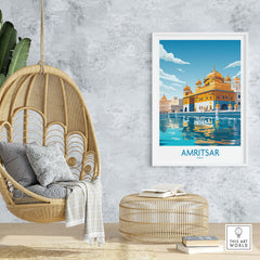 Amritsar wall art print displayed in a modern living room, showcasing the iconic Golden Temple and serene water reflections.