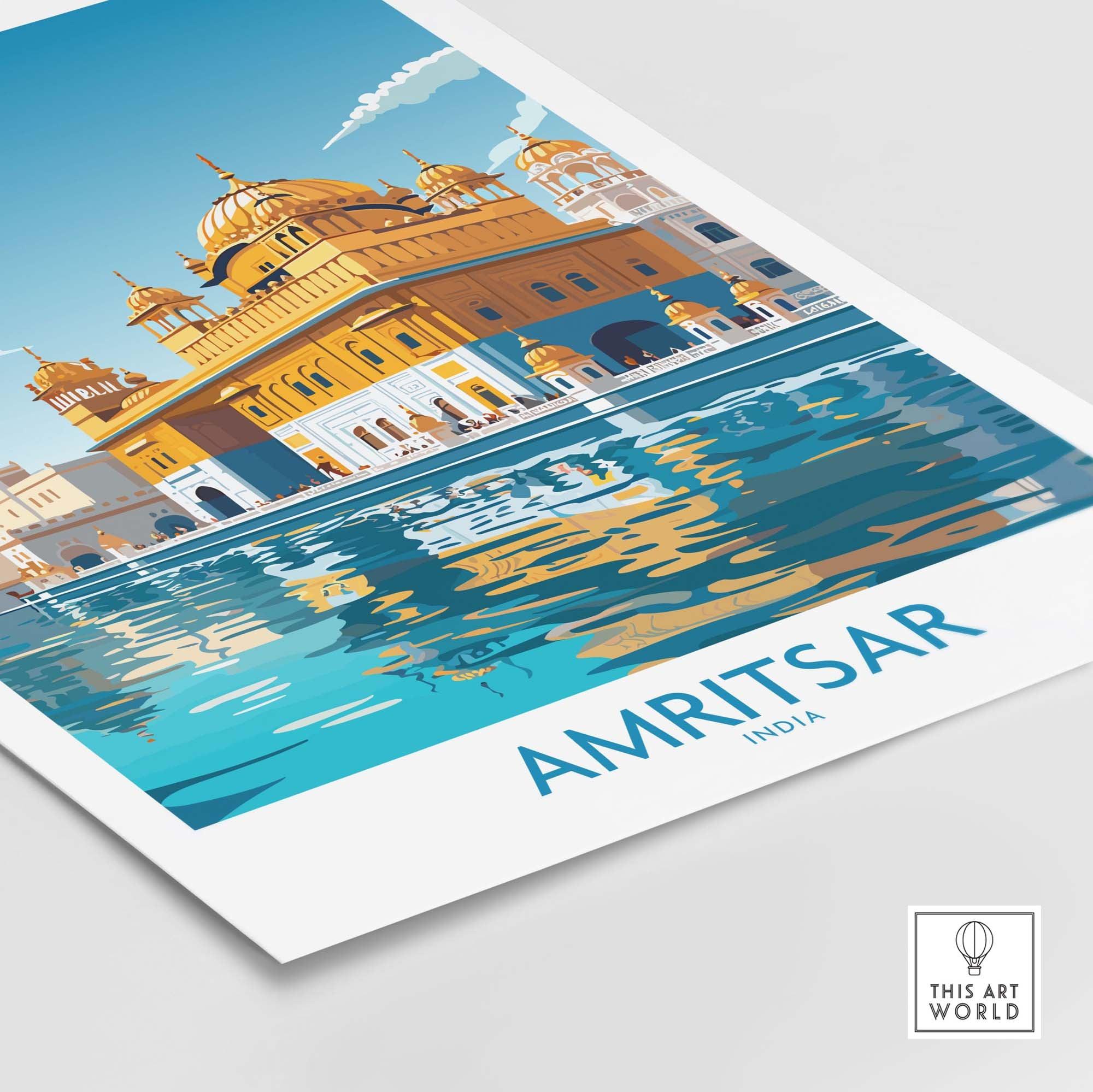 Amritsar wall art print showcasing Golden Temple and serene reflection, perfect for modern decor and India travel enthusiasts.