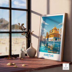 Amritsar Wall Art print showcasing the Golden Temple, a modern India travel poster for decor.