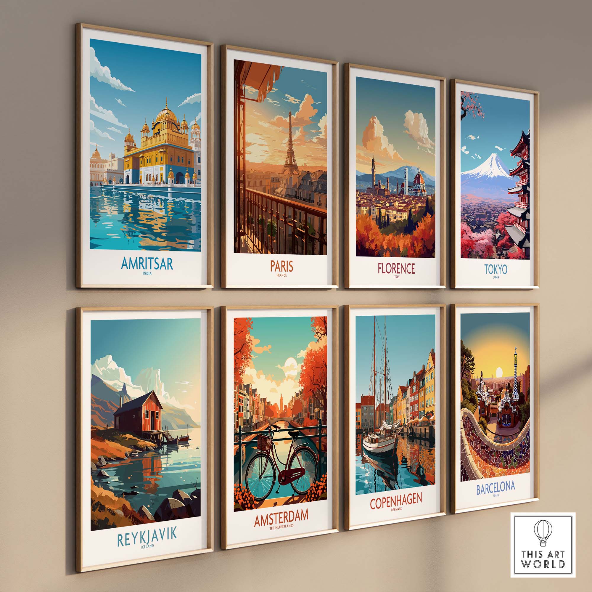 Gallery wall showcasing modern travel posters including Amritsar, Paris, Florence, Tokyo, and more.