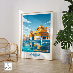 Amritsar wall art print showcasing the Golden Temple in modern style, perfect for home decor or gifts.
