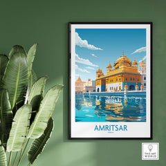 Modern Amritsar wall art print showcasing the Golden Temple, ideal for home decor and gifts, capturing India's essence.