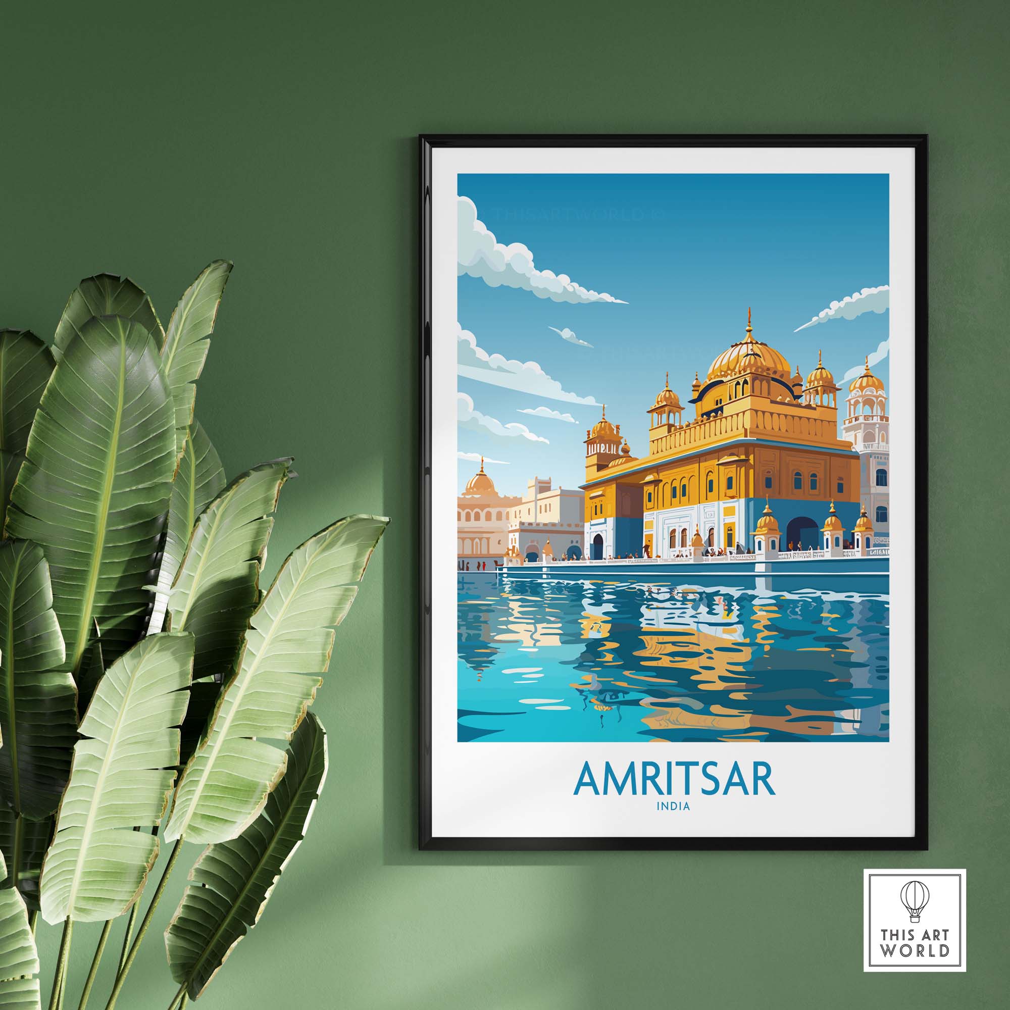 Modern Amritsar wall art print showcasing the Golden Temple, ideal for home decor and gifts, capturing India's essence.