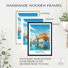 Handmade wooden frames in natural, white, and black styles for Amritsar Wall Art with clear glaze finish.