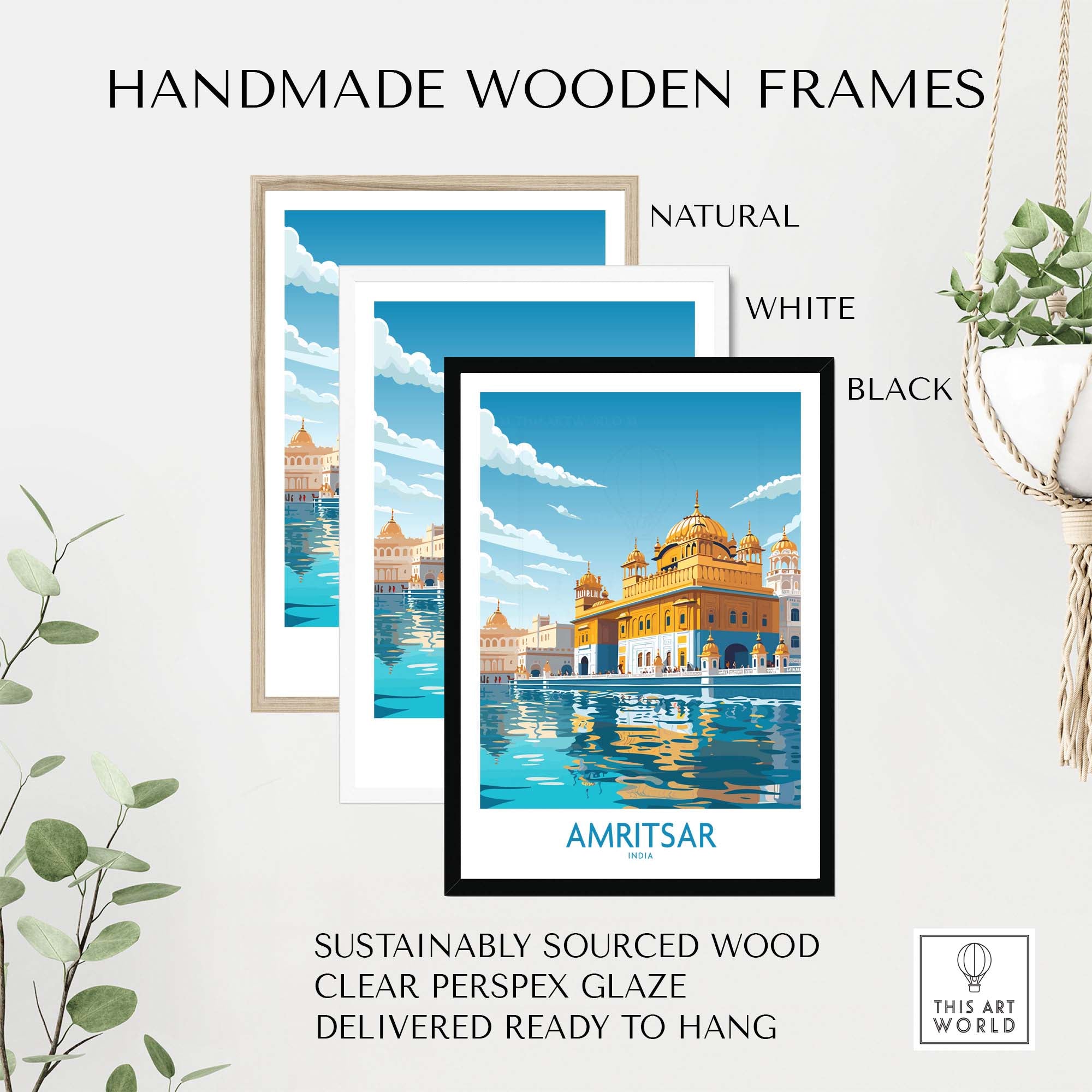 Handmade wooden frames in natural, white, and black styles for Amritsar Wall Art with clear glaze finish.