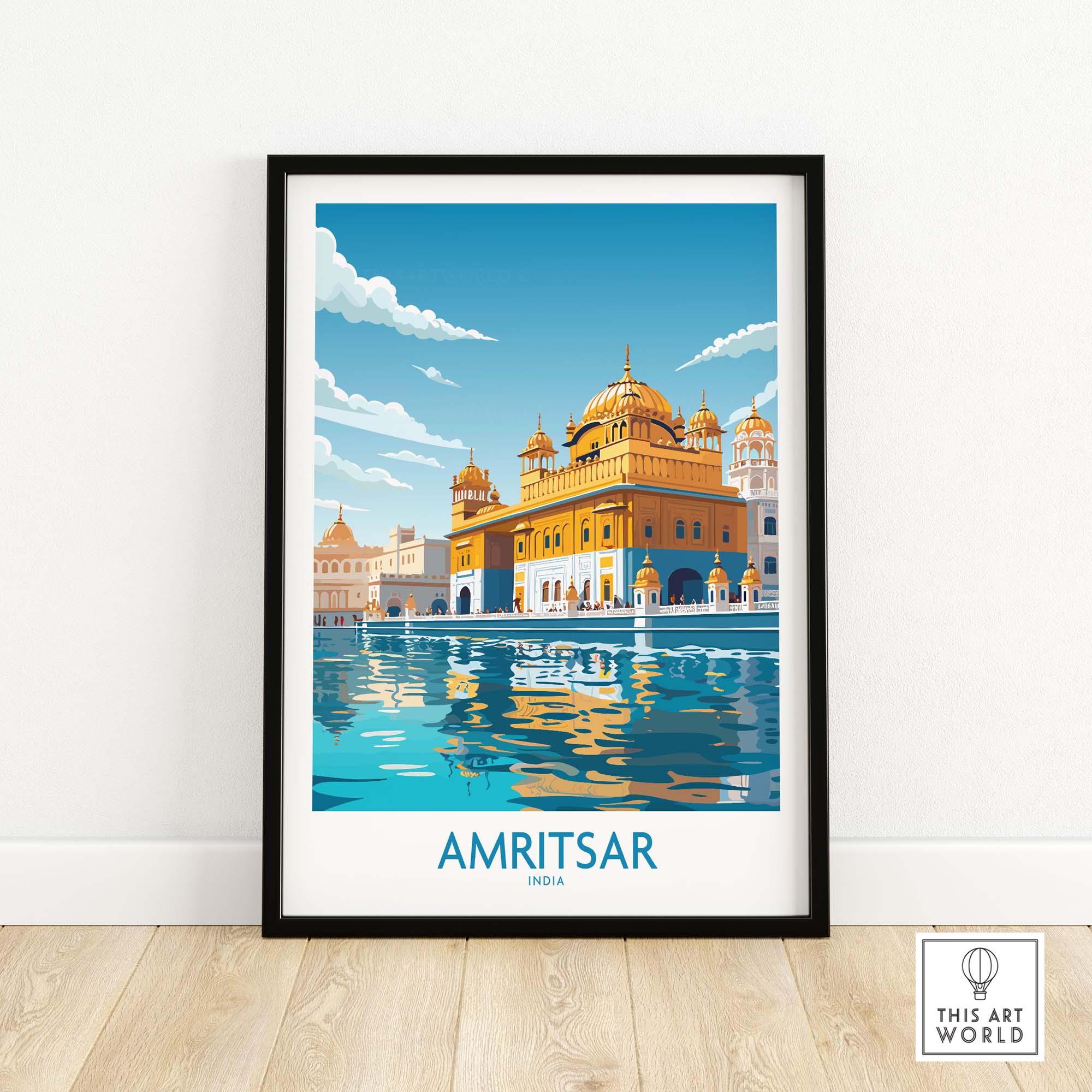 Amritsar Wall Art print showcasing the Golden Temple reflecting in water, vibrant colors, modern Indian decor.