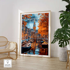 Amsterdam Canal Print - Urban Landscape Wall Decor featuring beautiful canals and autumn colors in a stylish living space.