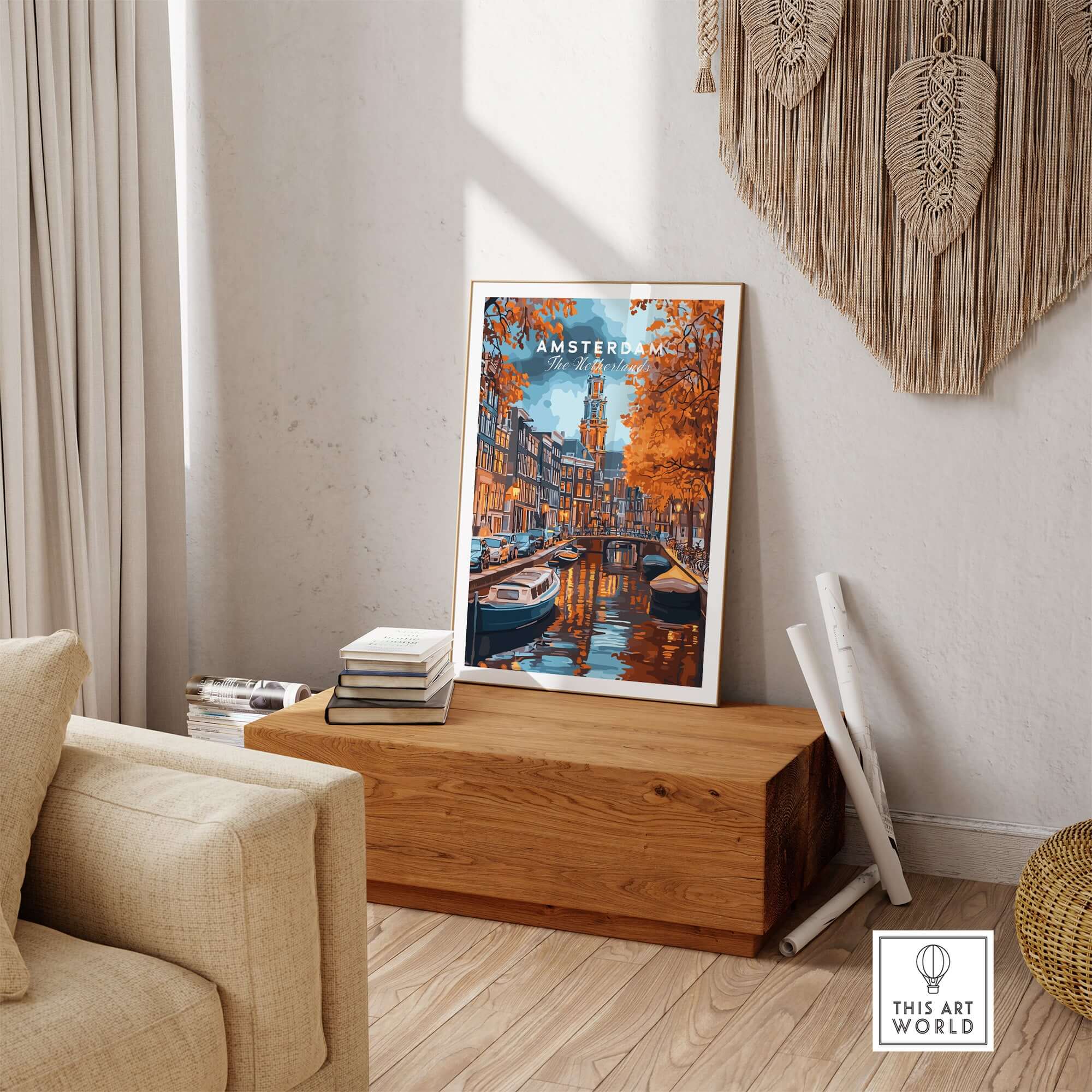 Amsterdam Canal Print - Urban Landscape Wall Decor displayed in a cozy living room setting with wooden decor.