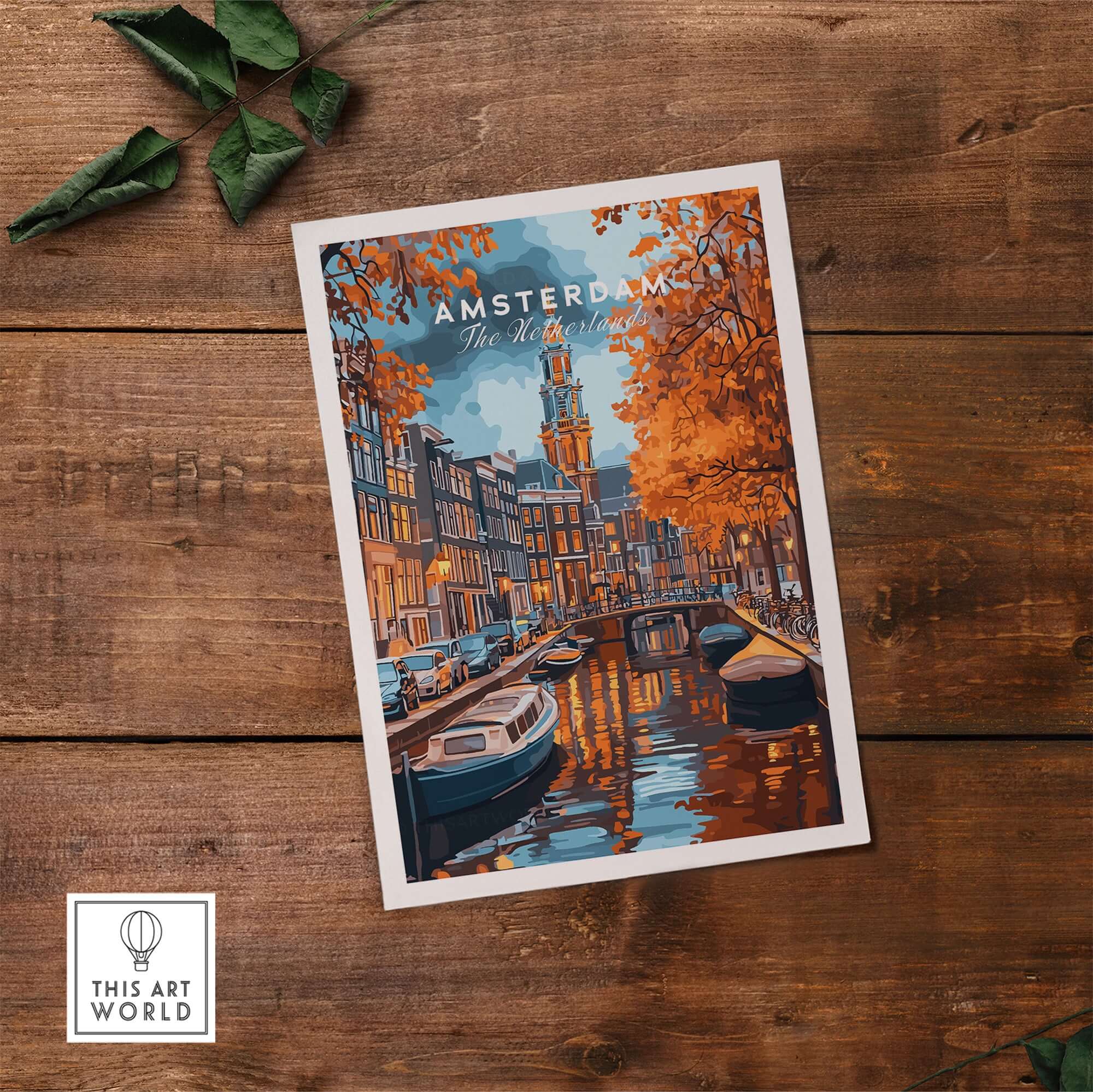 Amsterdam Canal Print - Urban Landscape Wall Decor showcasing vibrant canals and buildings in Amsterdam.