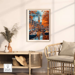 Amsterdam Canal Print - Urban Landscape Wall Decor displayed in a cozy living room with warm tones.