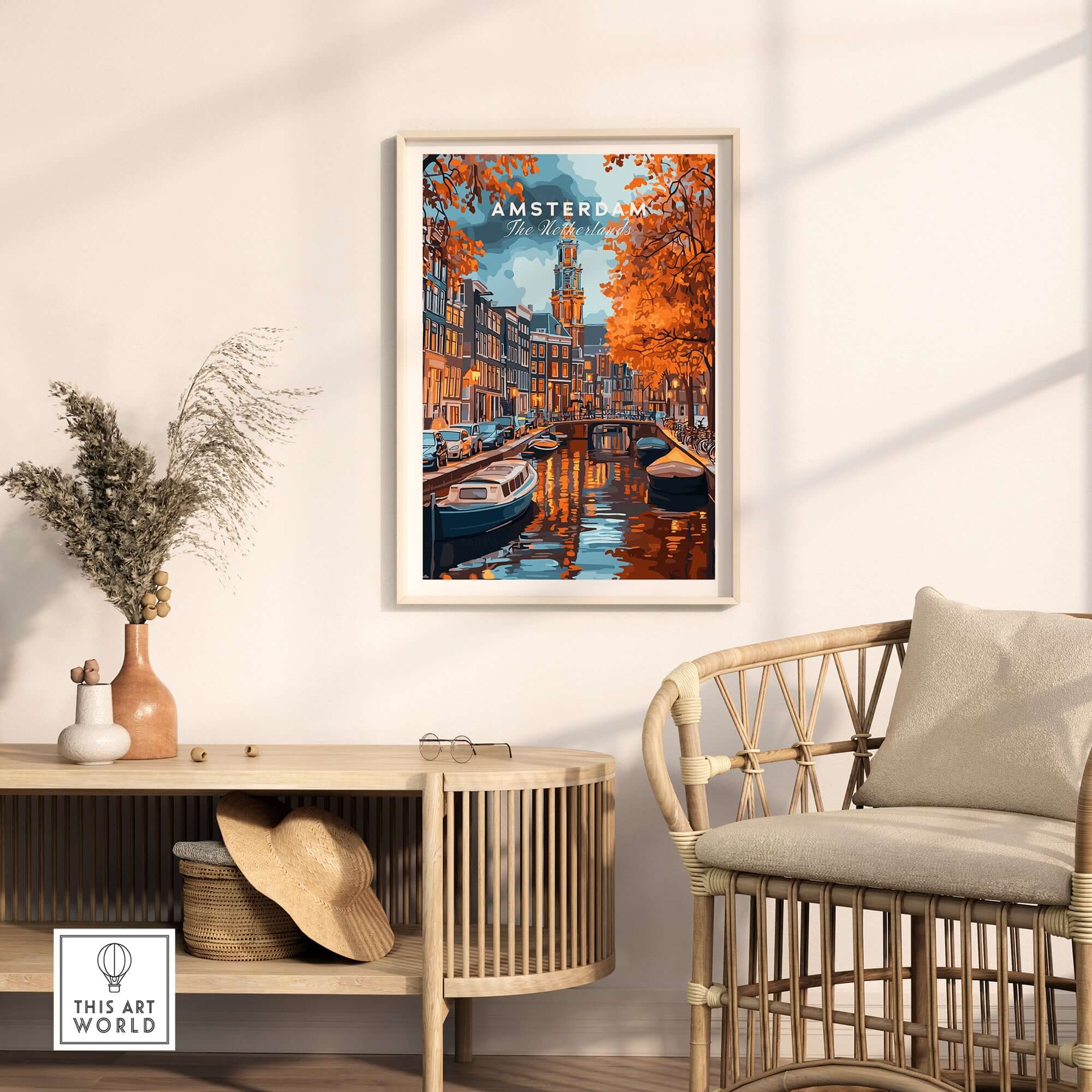 Amsterdam Canal Print - Urban Landscape Wall Decor displayed in a cozy living room with warm tones.