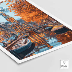 Amsterdam Canal Print - Urban Landscape Wall Decor featuring serene waterways and autumn foliage.