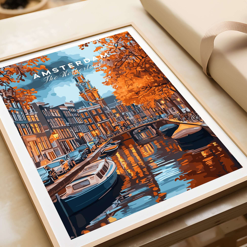 Amsterdam Canal Print - Urban Landscape Wall Decor featuring iconic canals and autumnal colors