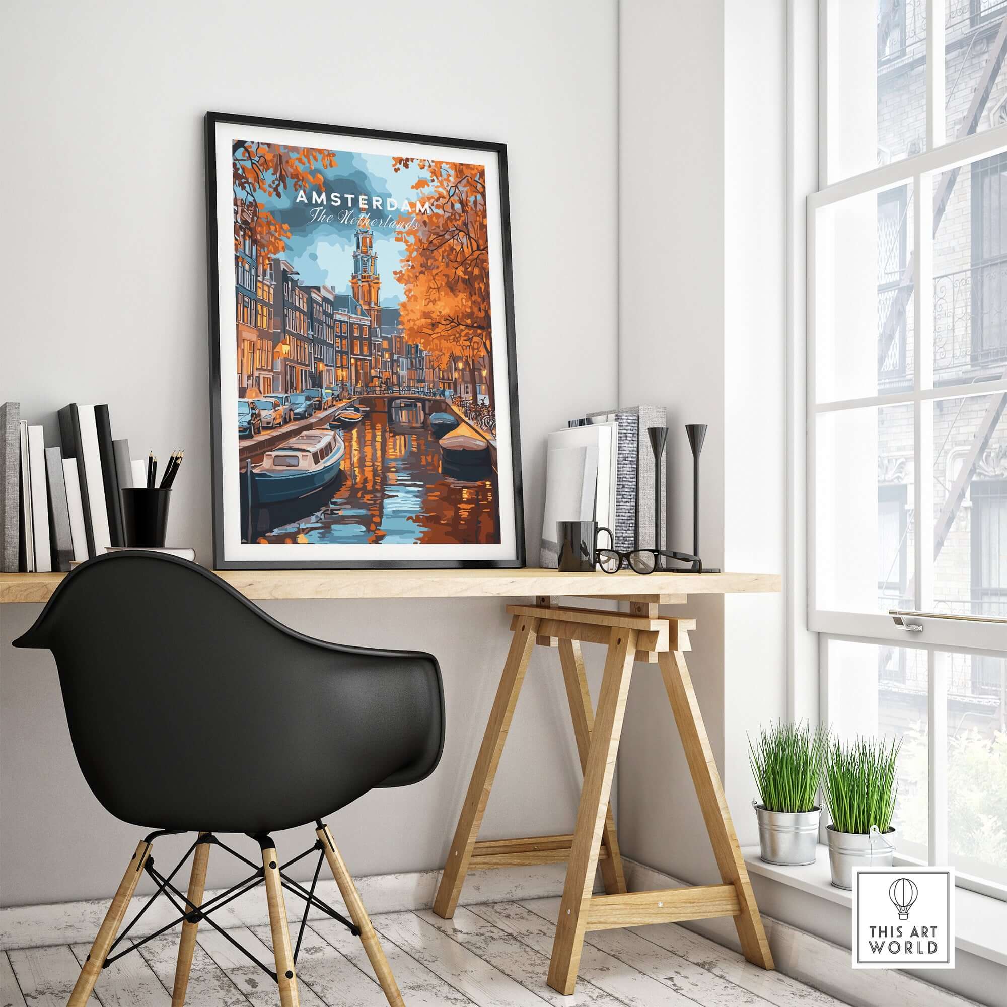 Amsterdam Canal Print - Urban Landscape Wall Decor showcasing vibrant canals in a stylish indoor setting.