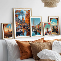 Amsterdam Canal Print - Urban Landscape Wall Decor displayed in stylish frames on a contemporary wall decor setup.
