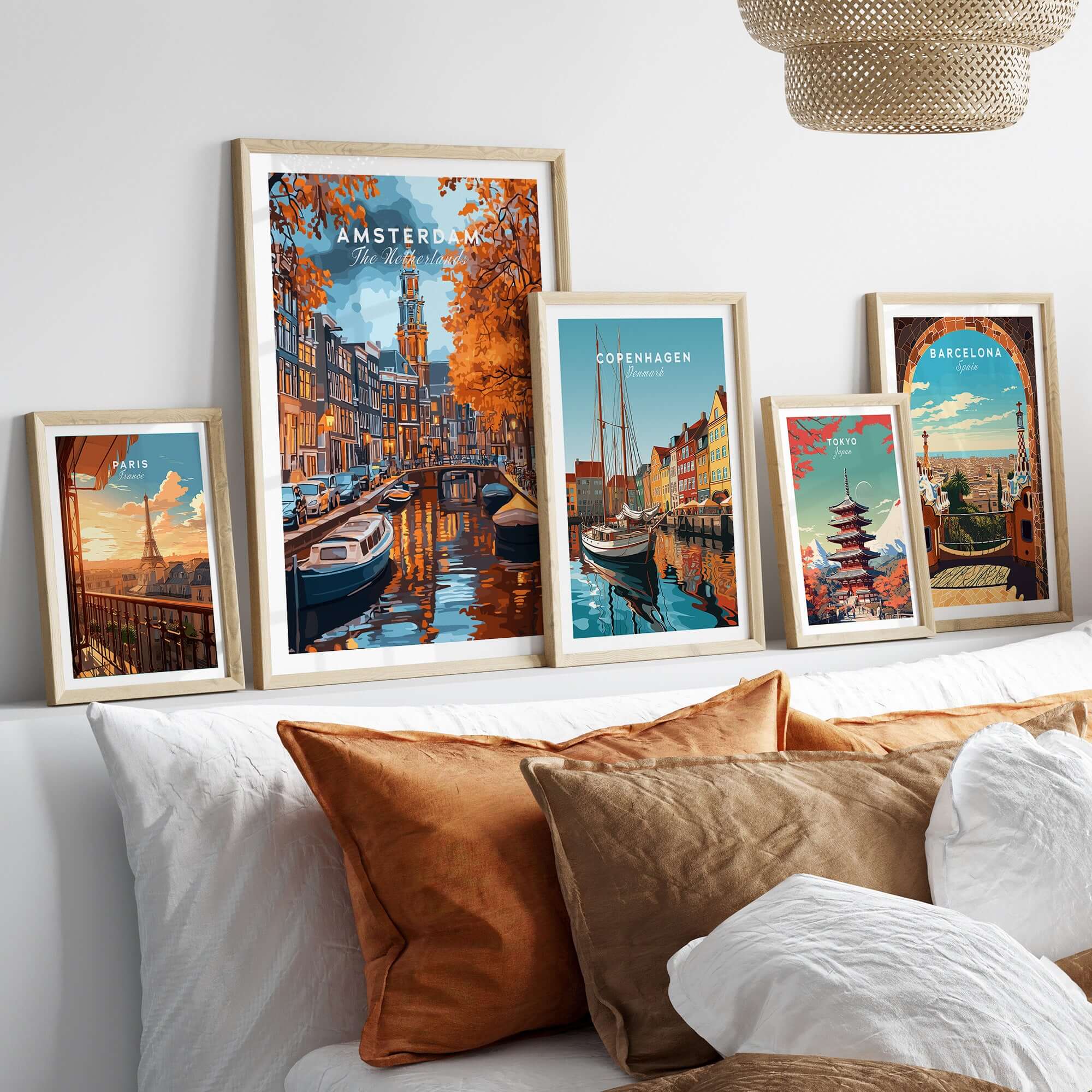 Amsterdam Canal Print - Urban Landscape Wall Decor displayed in stylish frames on a contemporary wall decor setup.