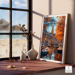 Amsterdam Canal Print - Urban Landscape Wall Decor showcasing vibrant canals and autumn foliage in a stylish setting.