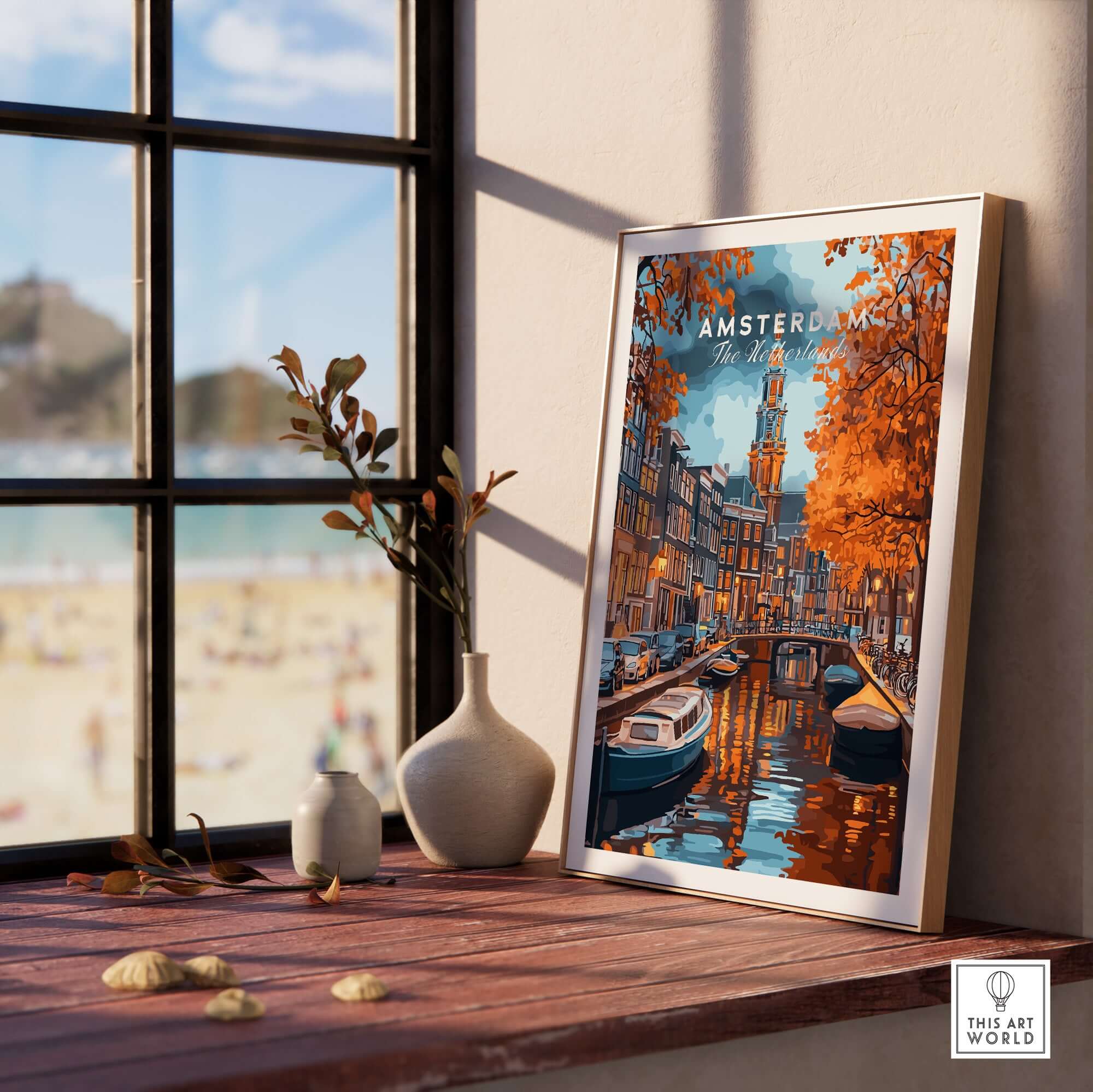 Amsterdam Canal Print - Urban Landscape Wall Decor showcasing vibrant canals and autumn foliage in a stylish setting.