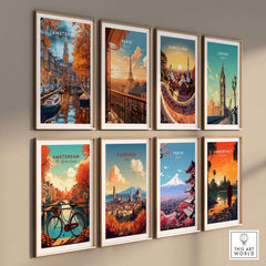 Amsterdam Canal Print - Urban Landscape Wall Decor showcased in a stylish gallery wall arrangement of city posters.