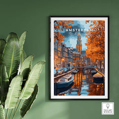 Amsterdam Canal Print - Urban Landscape Wall Decor featuring iconic canals and autumn foliage.