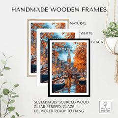 Amsterdam Canal Print - Urban Landscape Wall Decor in handmade wooden frames: natural, white, and black options.