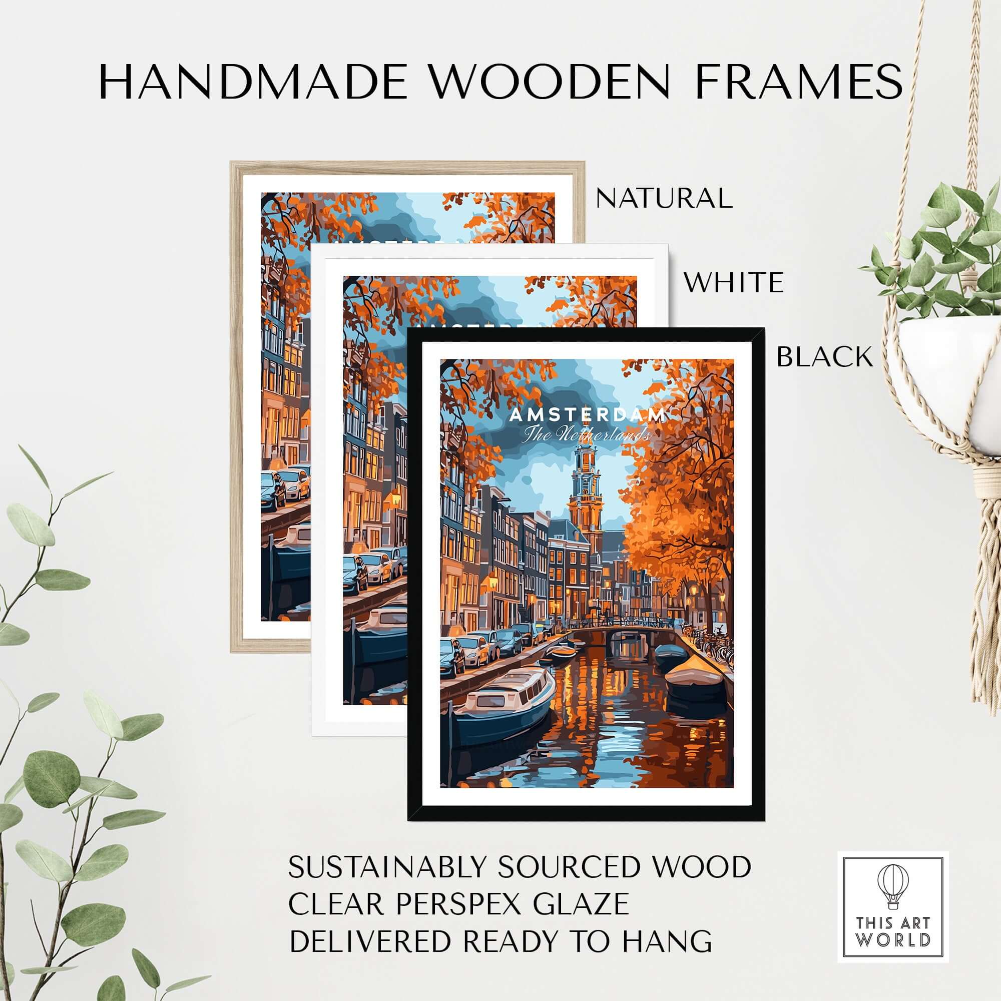 Amsterdam Canal Print - Urban Landscape Wall Decor in handmade wooden frames: natural, white, and black options.