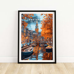 Amsterdam Canal Print - Urban Landscape Wall Decor showcasing iconic canals and vibrant autumn colors.