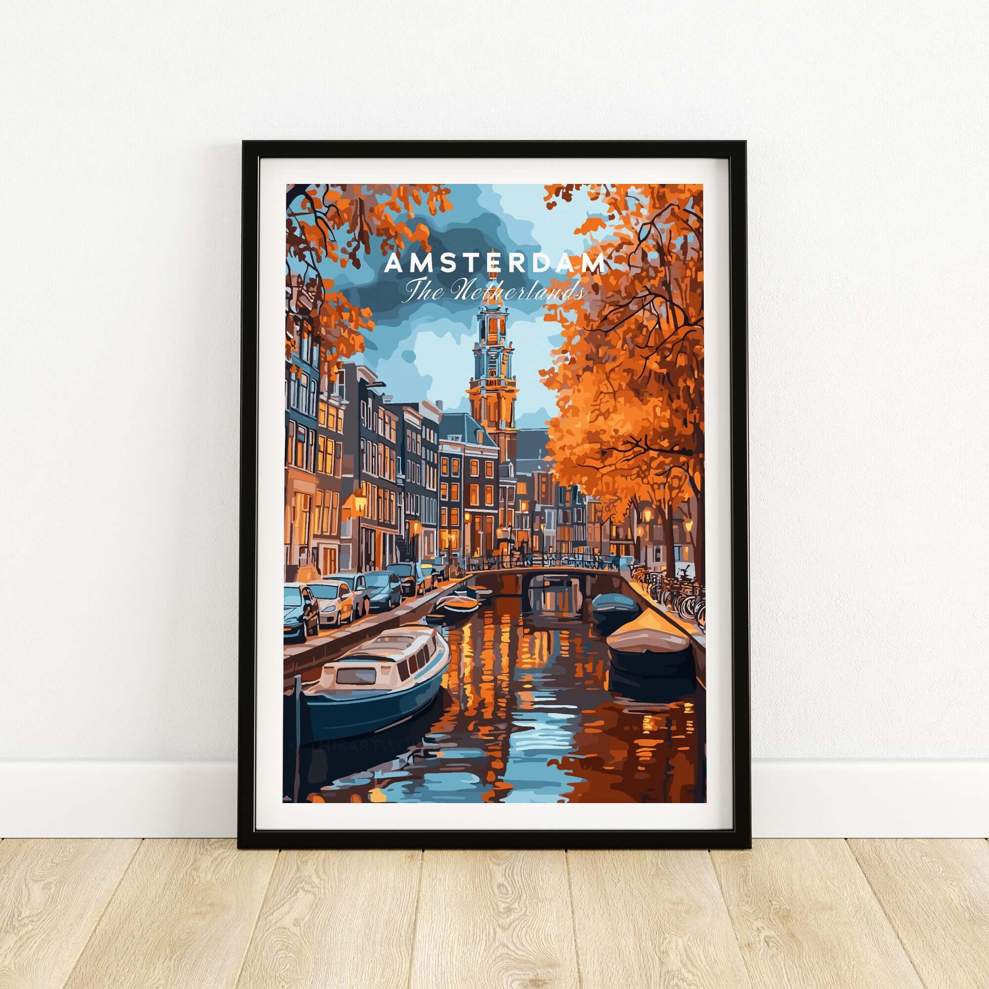 Amsterdam Canal Print - Urban Landscape Wall Decor showcasing iconic canals and vibrant autumn colors.