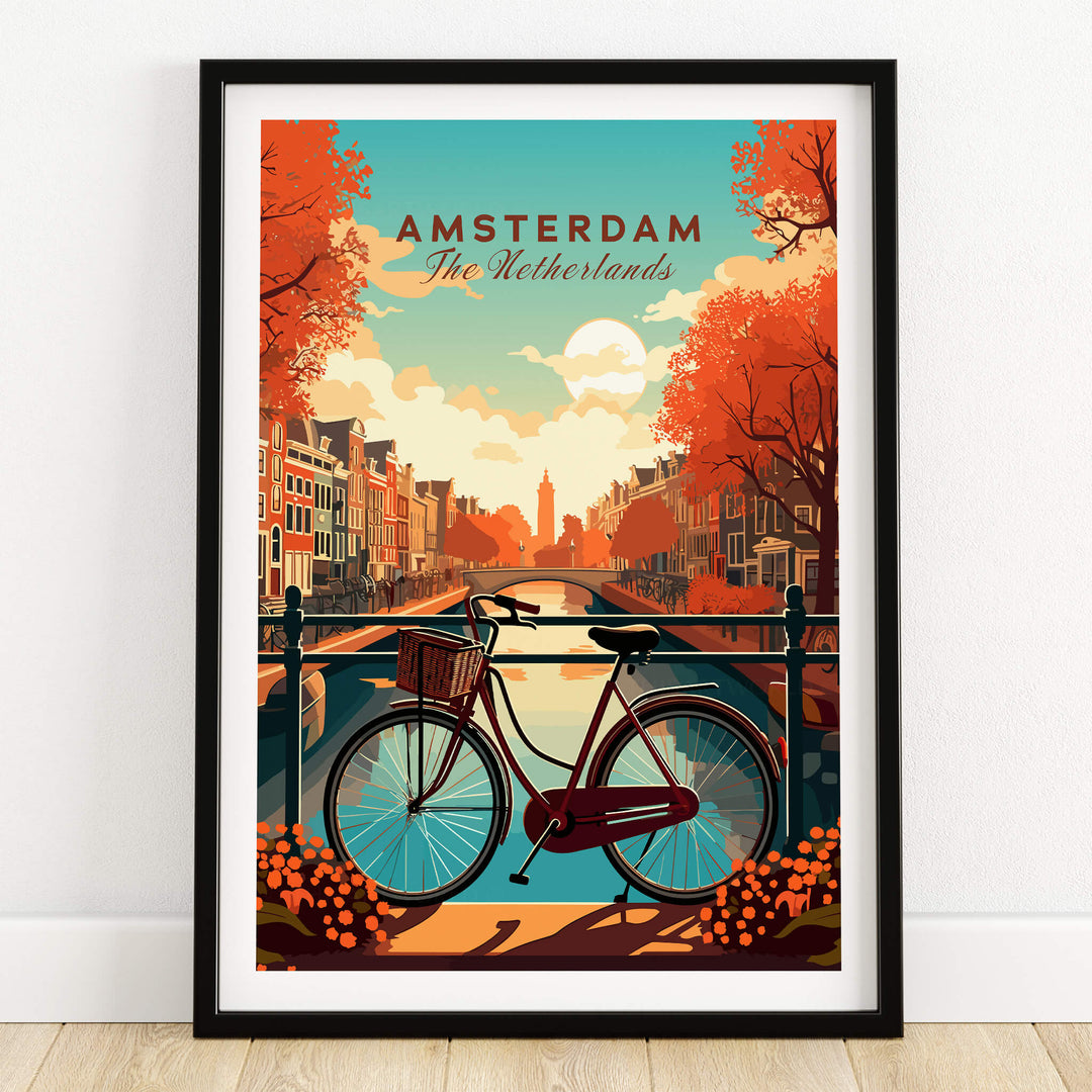 Amsterdam Print Netherlands, vibrant autumn scene with a bike along Amsterdam's canals, showcasing Dutch culture.