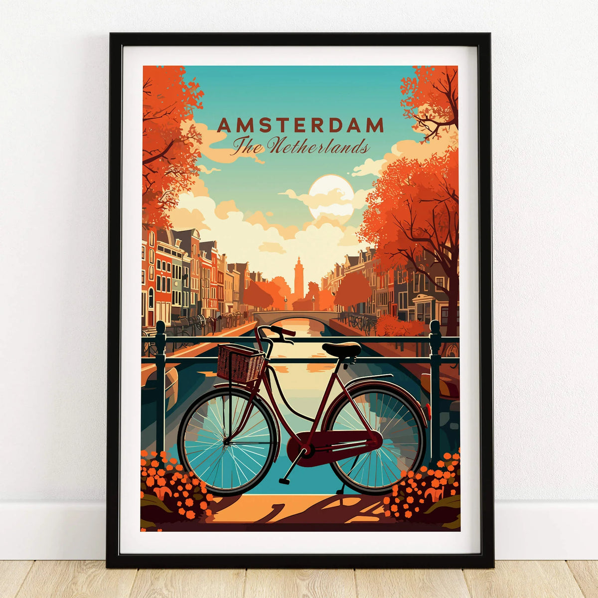 Amsterdam Print Netherlands, vibrant autumn scene with a bike along Amsterdam's canals, showcasing Dutch culture.