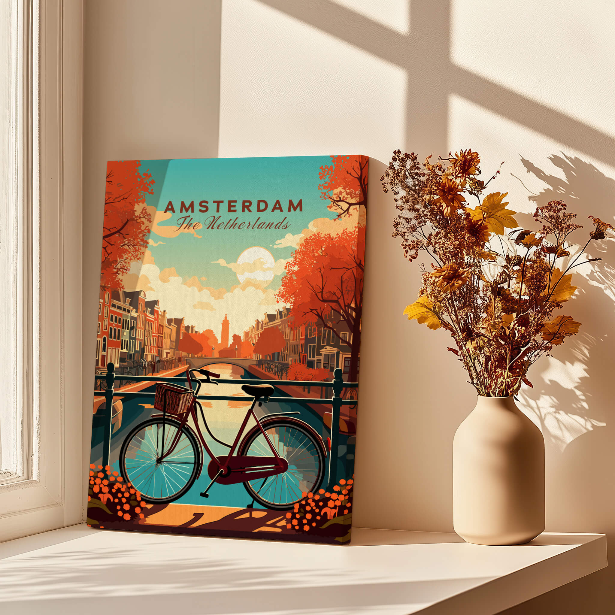Amsterdam Print Netherlands vibrant wall art featuring a bicycle by the canals in Amsterdam during sunset.