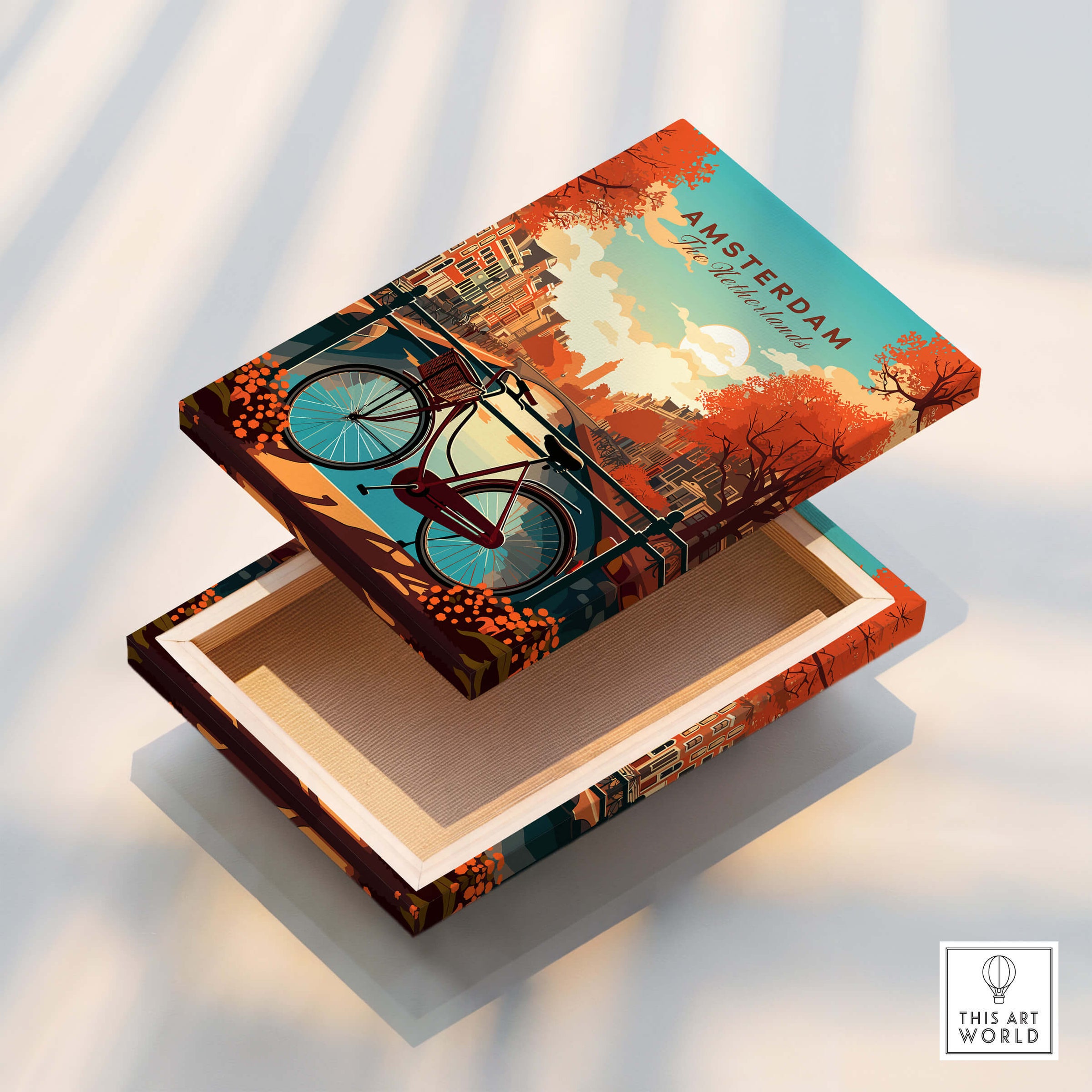 Amsterdam Print Netherlands vibrant bicycle illustration on decorative box with Amsterdam skyline in autumn colors.