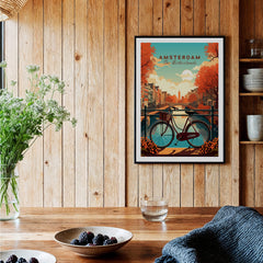 Amsterdam Print Netherlands featuring a scenic bike view in autumn colors, displayed in a cozy indoor setting.