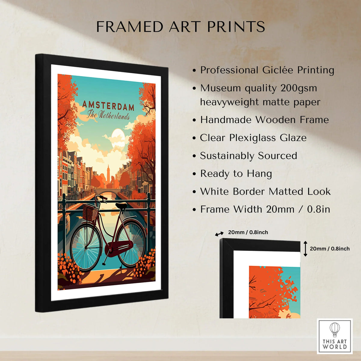 Amsterdam Print Netherlands framed art print featuring vibrant sunset scene of Amsterdam's canals and bikes.