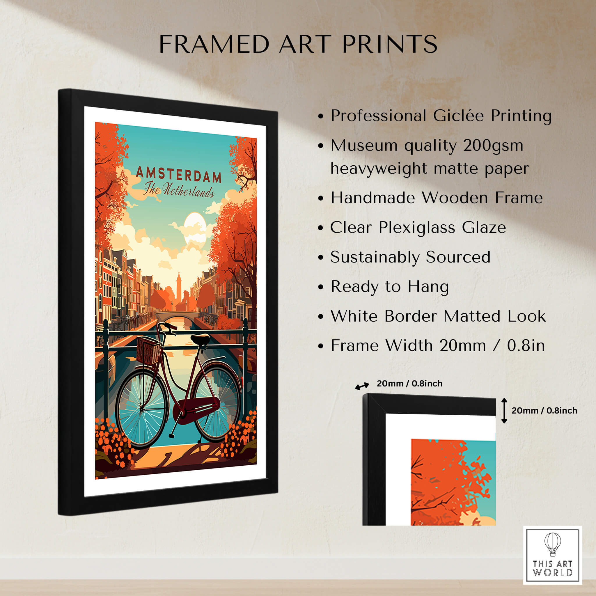 Amsterdam Print Netherlands framed art print featuring vibrant sunset scene of Amsterdam's canals and bikes.