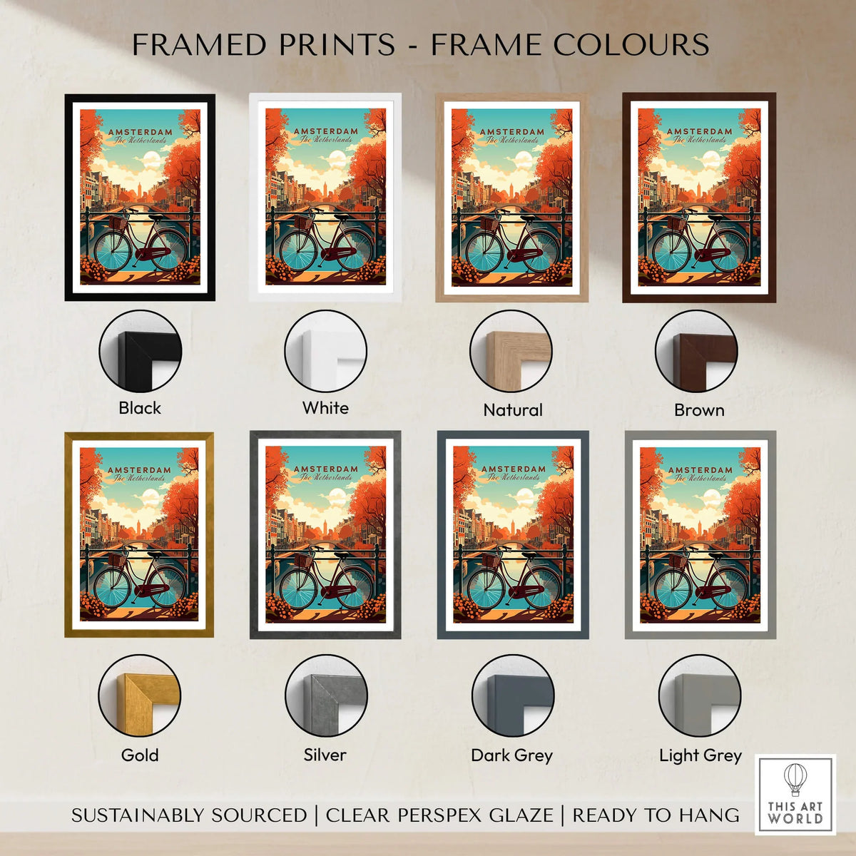 Amsterdam Print Netherlands variations with different frame colors showcasing the beautiful sunset scene.