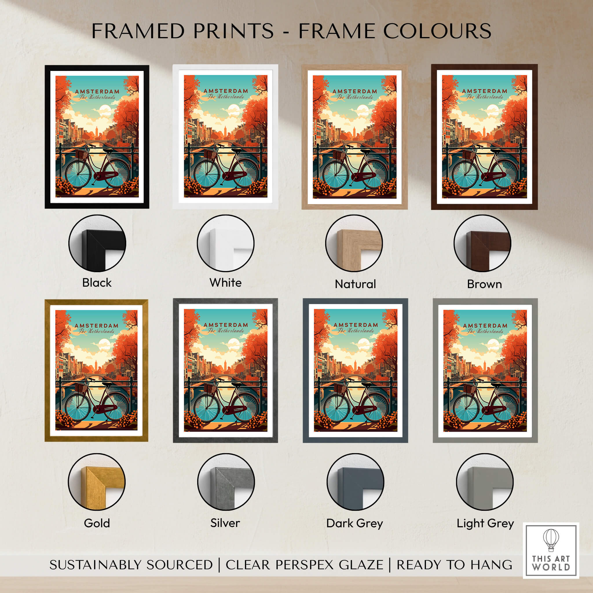 Amsterdam Print Netherlands variations with different frame colors showcasing the beautiful sunset scene.