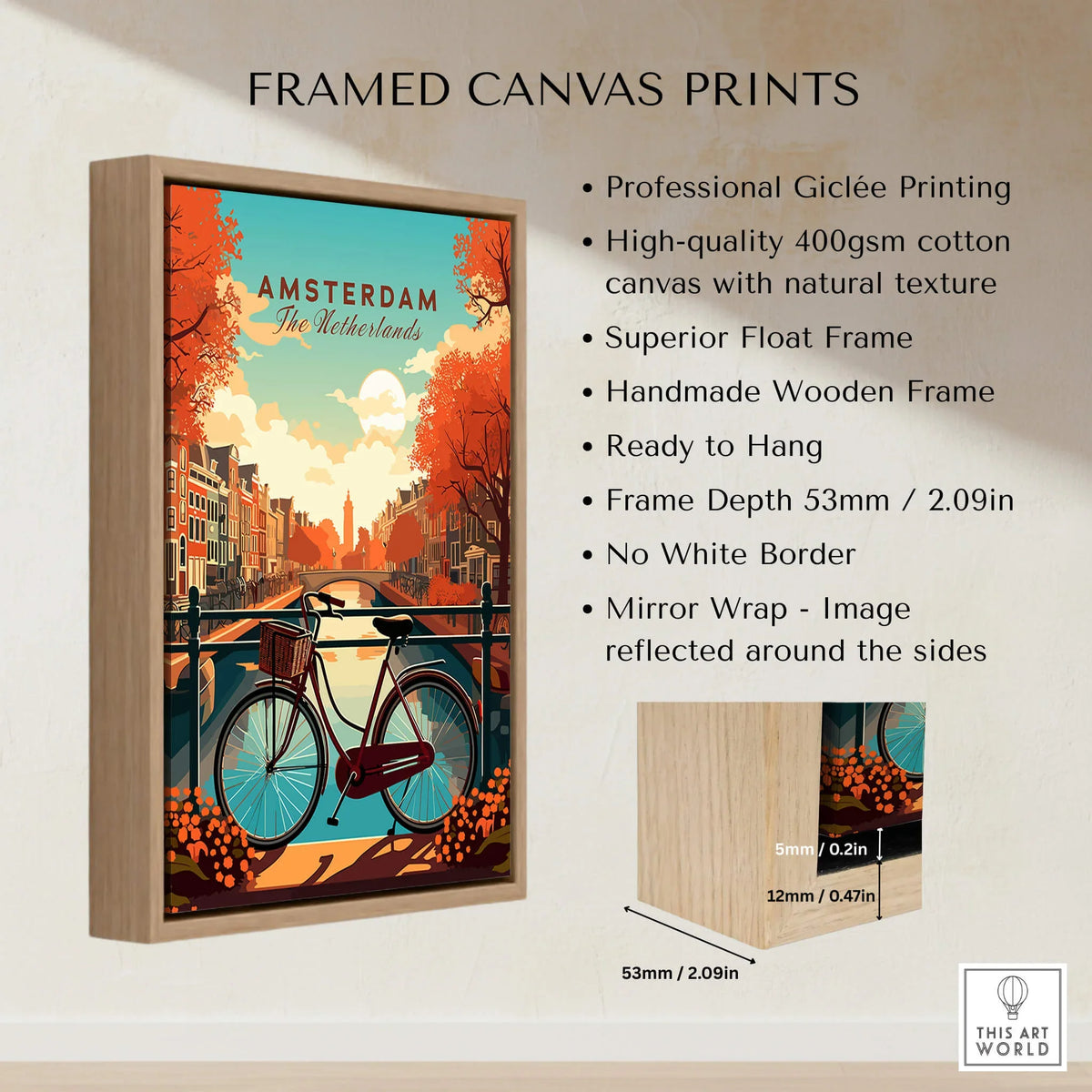 Amsterdam Print Netherlands framed canvas print featuring iconic bikes and canals during sunset.