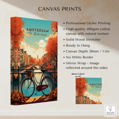 Amsterdam Print Netherlands vibrant canvas print of Amsterdam's canals and bike, perfect for home decor.