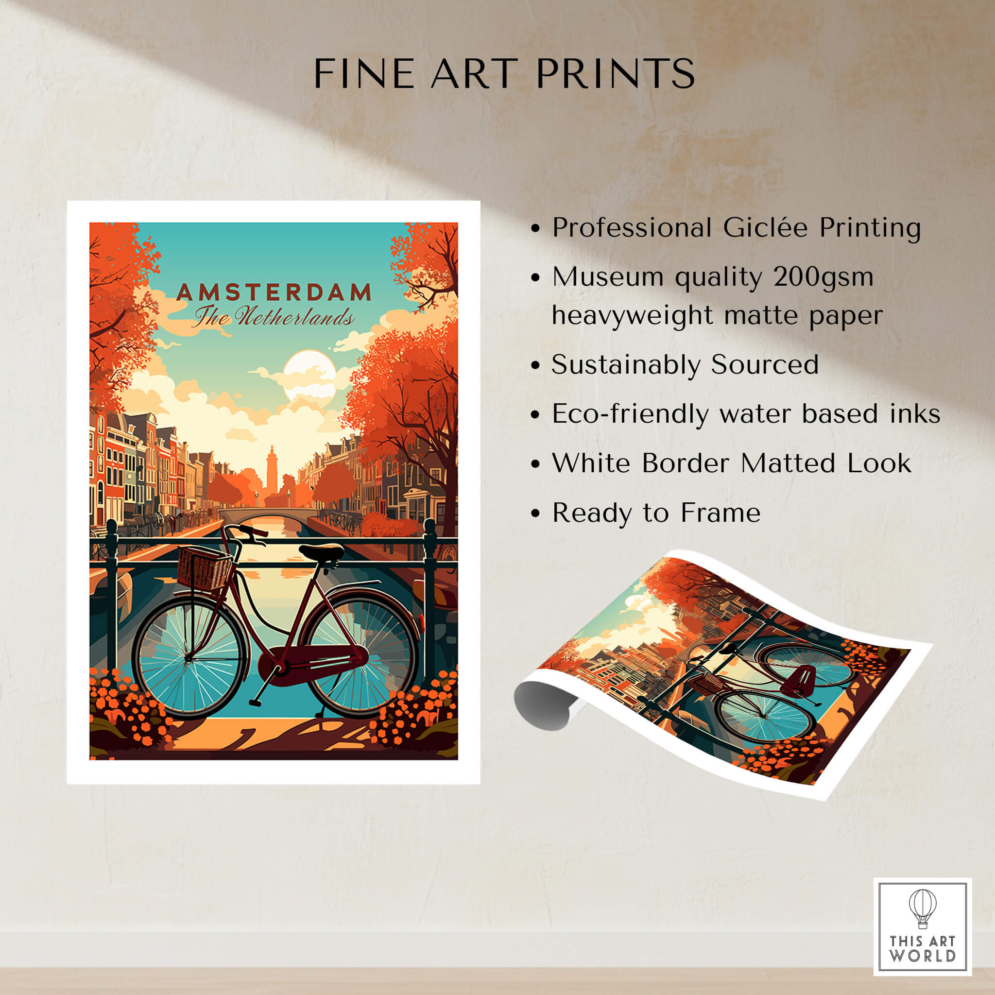 Amsterdam Print Netherlands featuring a vibrant bike scene and autumn colors, perfect for home decor.