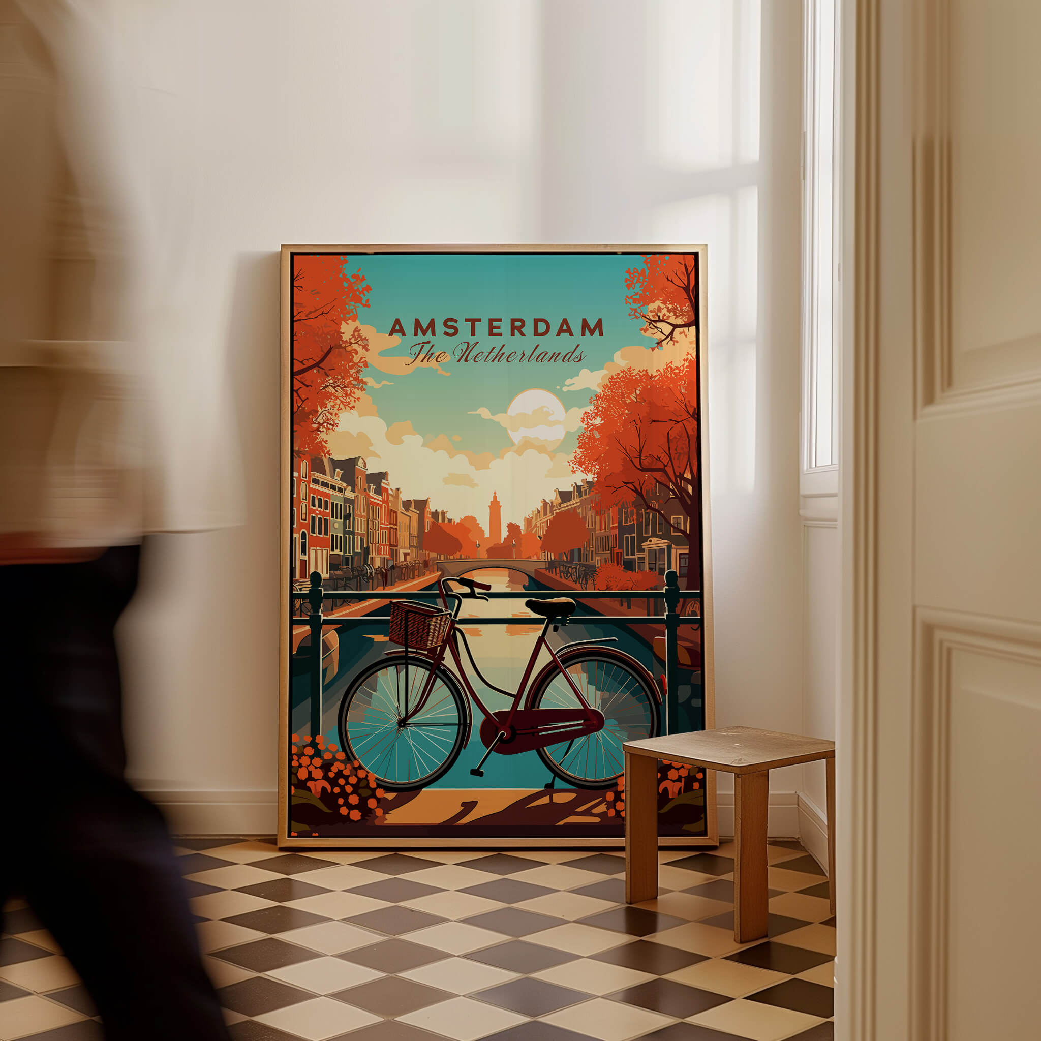 Amsterdam Print Netherlands featuring a vibrant sunset over canals and a bicycle in a cozy setting.