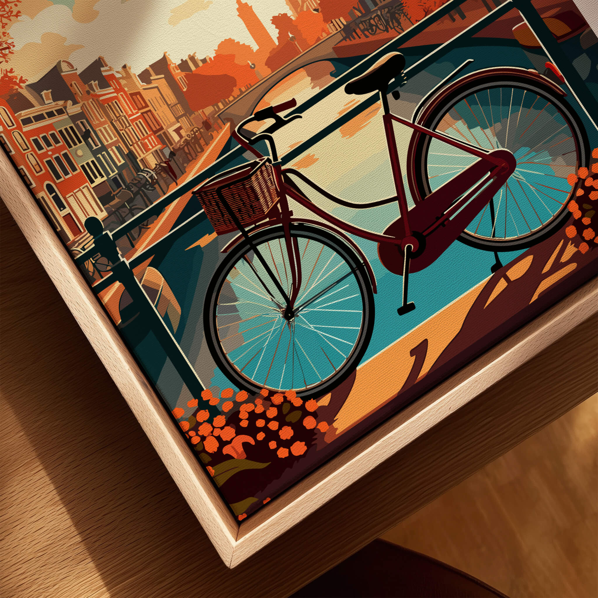Amsterdam Print Netherlands featuring a vibrant bike scene by the canals of Amsterdam, perfect for home decor.