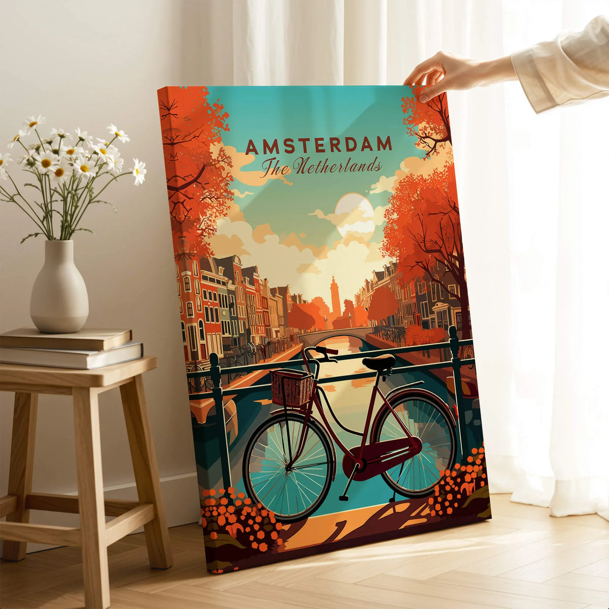 Amsterdam Print Netherlands featuring a bicycle by the canals in vibrant autumn colors.